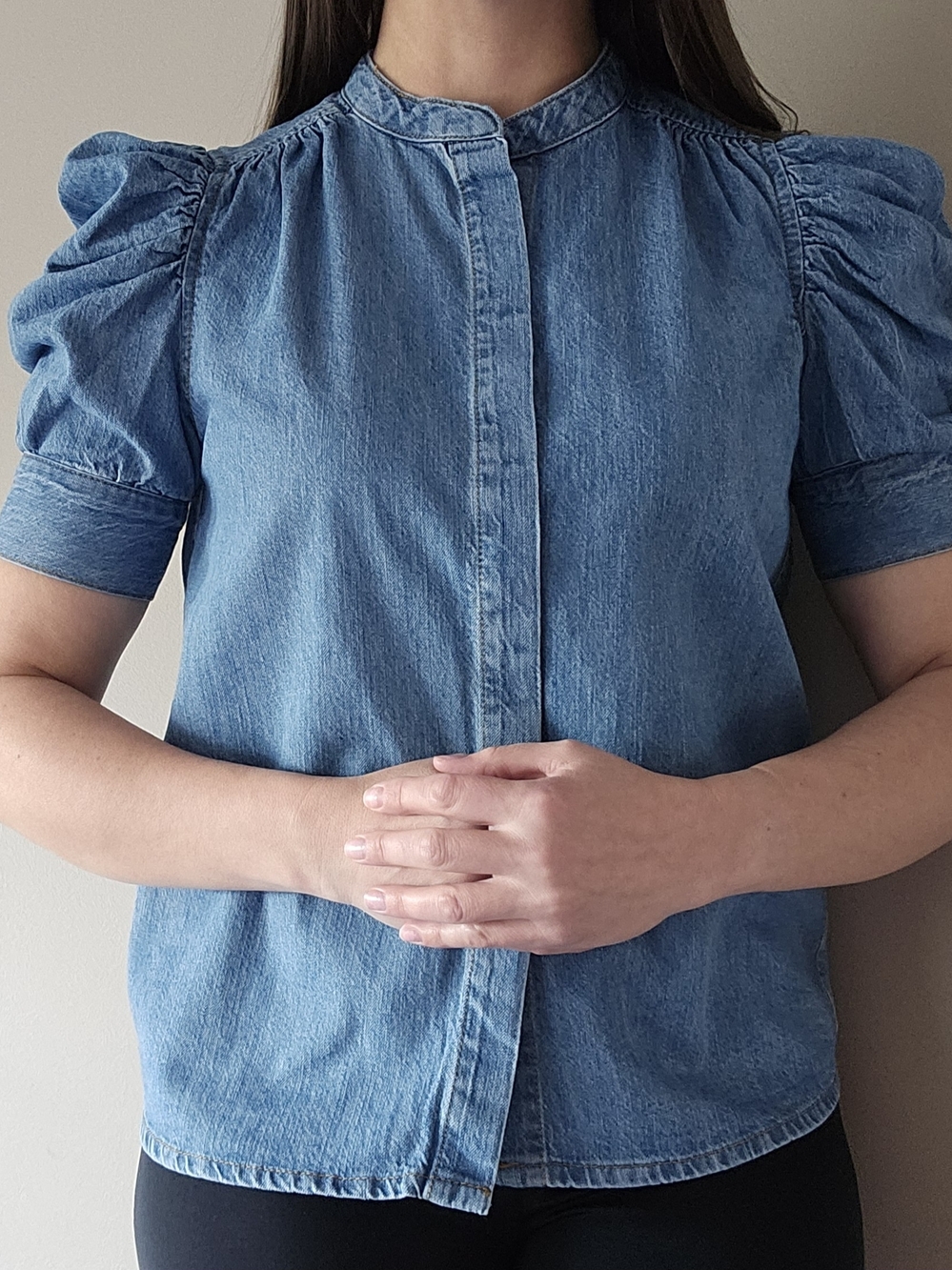 Industry Puff-Sleeve Denim Blouse in Light Blue, Size S, NWT $68